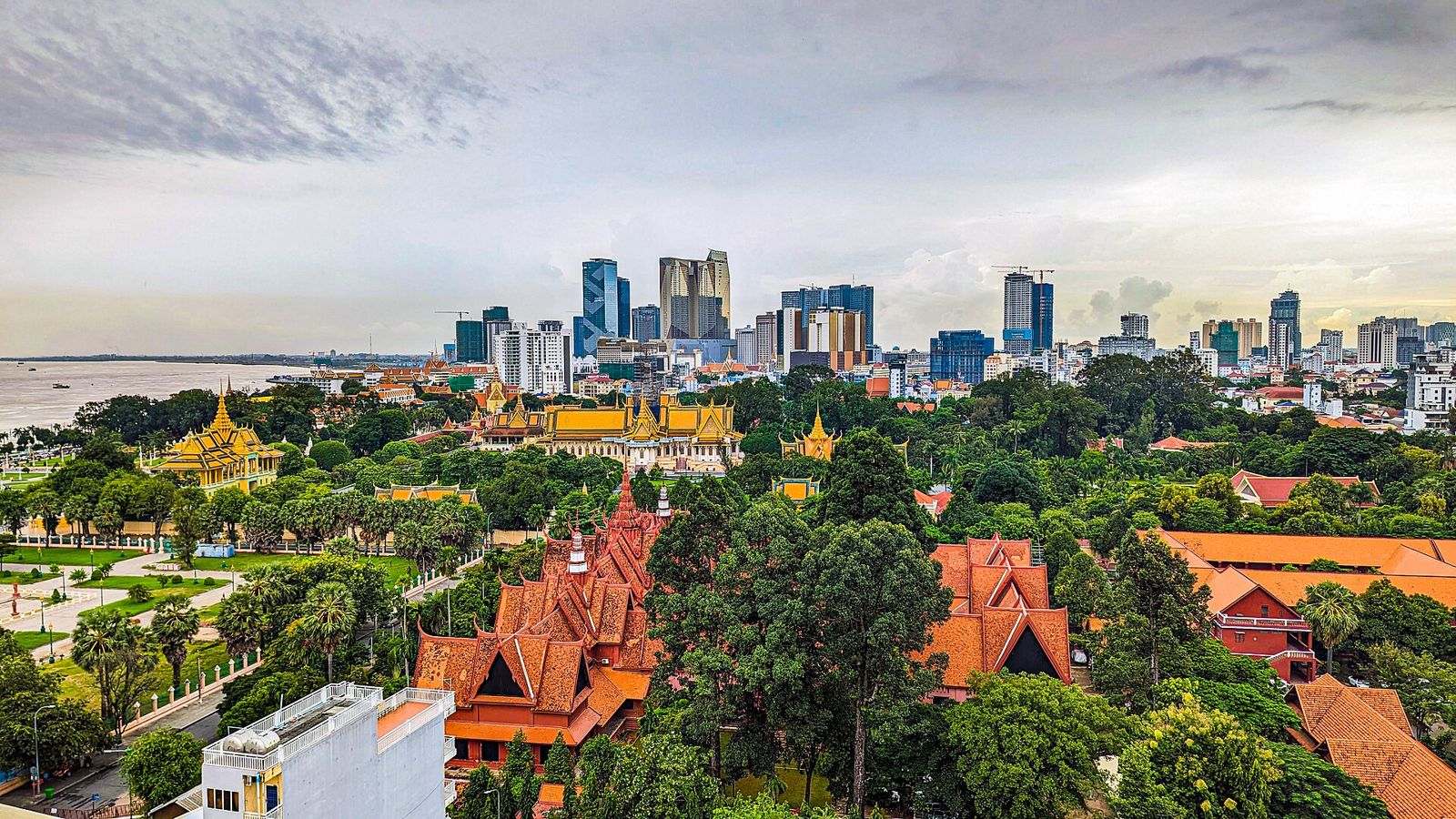 Phnom Penh city skyline seen across the Mekong riverfront